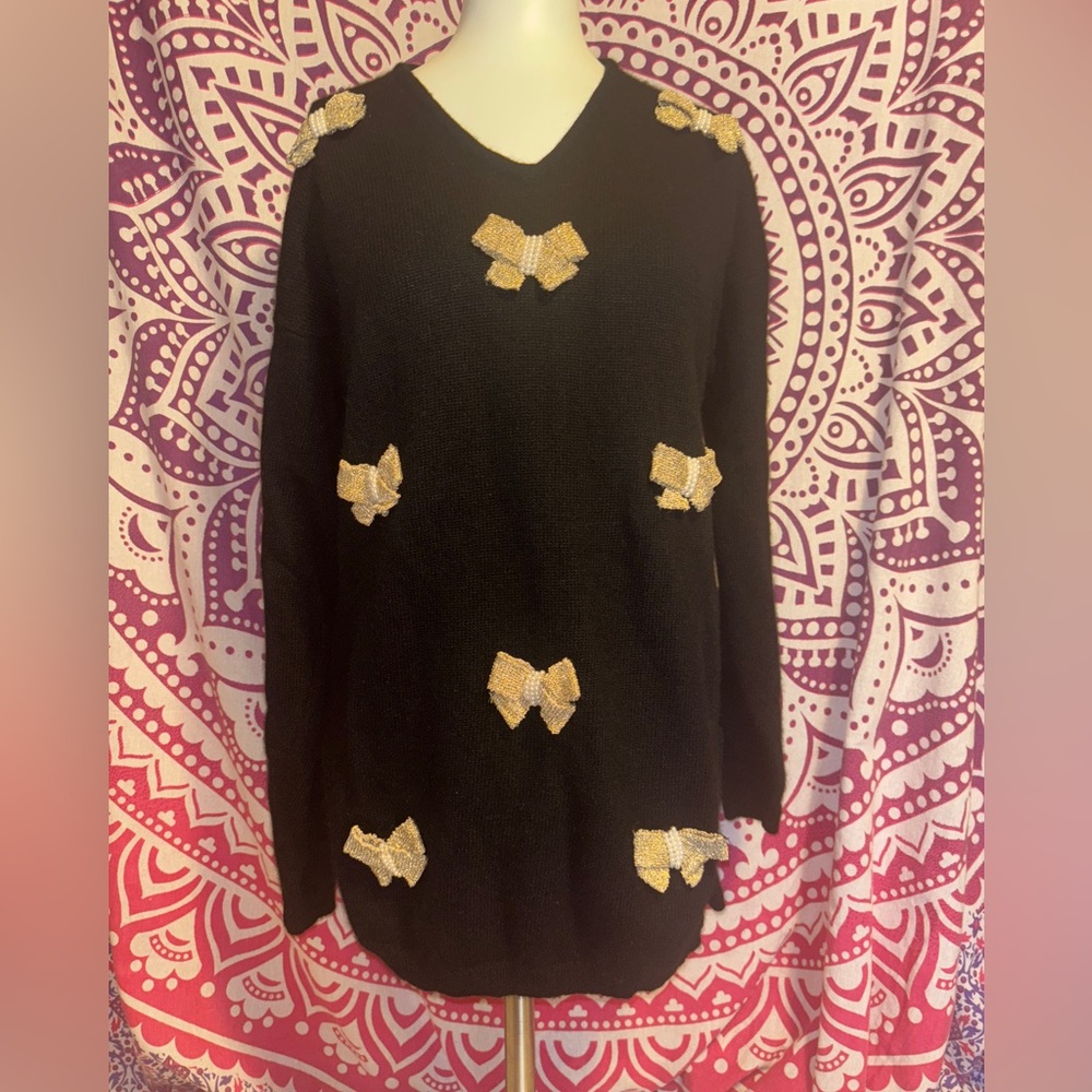 L’eau Vive Black Gold Bows Lambs Wool  Holiday Sweater Women’s Size Small